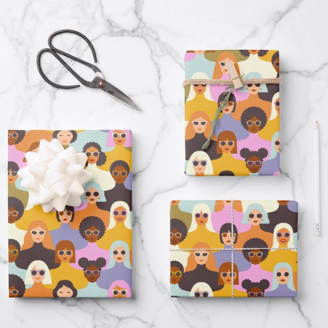 Retro Women of the World Pattern Wrapping Paper Sheet (Front)