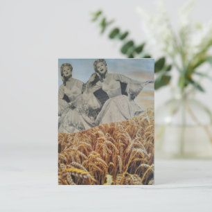Retro Women Singing in Wheat Field Surreal Collage Postcard