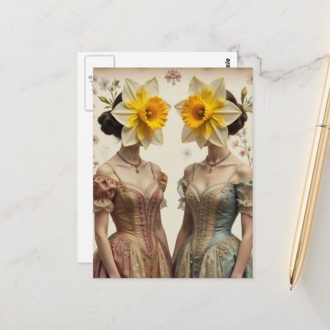 Retro Women With Daffodil Heads Postcard (Front/Back In Situ)