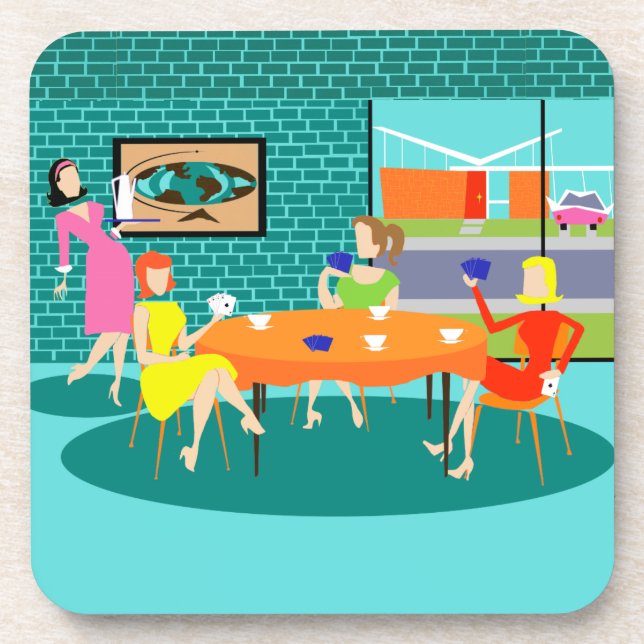 Retro Women's Weekly Card Game Cork Coasters (Front)