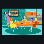 Retro Women's Weekly Card Game Poster<br><div class="desc">This Retro Women's Weekly Card Game Poster features a cartoon drawing of four mid century modern women at a hen party. They are socialising in a stylish dining room. On a turquoise and teal brick wall, there is a Mid Century Modern Globe Art Stretched Canvas Print, which is available from...</div>