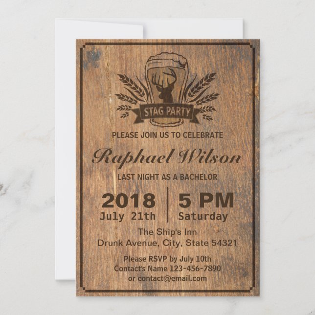 Retro Wood Beer & Stag Bachelor Party Card (Front)