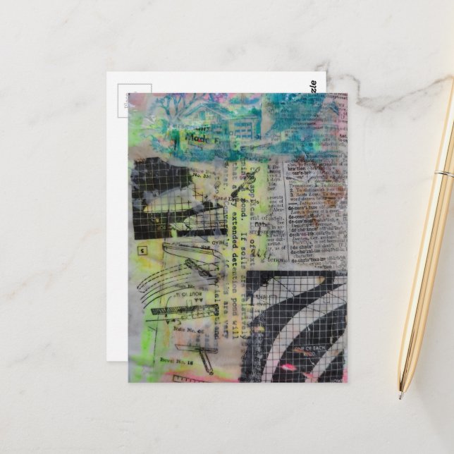 Retro Woodworking Abstract mixed media collage  Postcard (Front/Back In Situ)