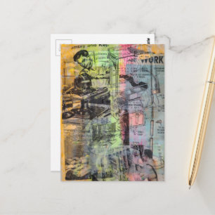 Retro Woodworking Men Mixed Media Collage Postcard