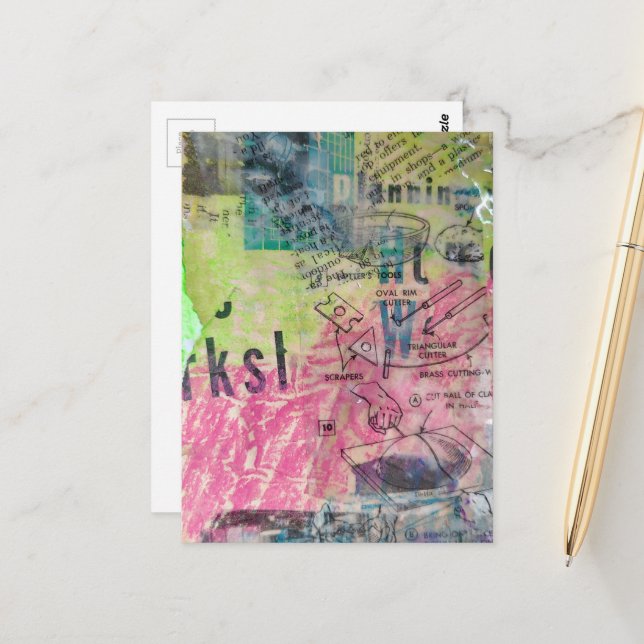 Retro Woodworking mixed media collage colourful Postcard (Front/Back In Situ)
