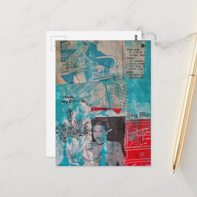 Retro Woodworking Woman and Man Collage  Postcard (Front/Back In Situ)