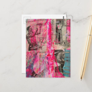 Retro Working Men on a Pink Background Postcard