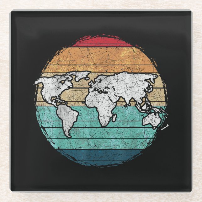 Retro World Map Glass Coaster (Front)