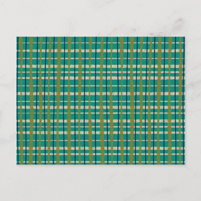 Retro Woven Picnic Plaid Pattern Teal Green Postcard (Front)