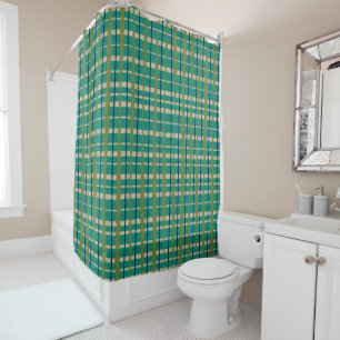 Retro Woven Picnic Plaid Pattern Teal Green Shower Curtain