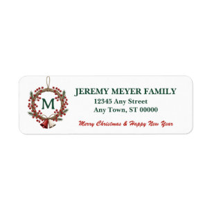 Retro Wreath and Bell Christmas Return Address Label