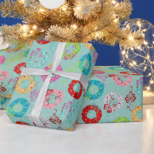 Retro Wreaths - Teal Christmas Wrapping Paper