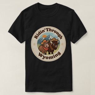 Retro Wyoming Badge_ Bison with Mountain Range  T-Shirt