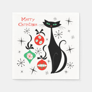 Retro Xmas Cat Merry Christmas Napkin