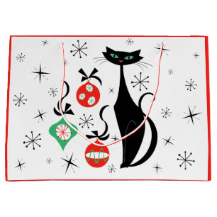 Retro Xmas Cat red Large Gift Bag