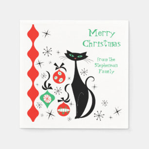 Retro Xmas Cat Side Stripe Merry Christmas Text Napkin