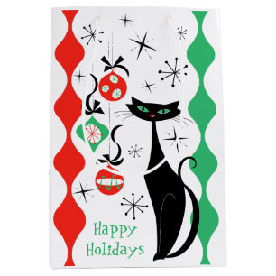 Retro Xmas Cat Stripe Happy Holidays Medium Gift Bag