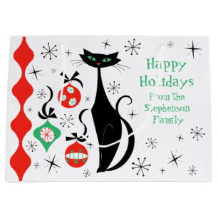Retro Xmas Cat Stripe Happy Holidays text Large Gift Bag