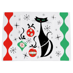 Retro Xmas Cat Stripe Large Gift Bag
