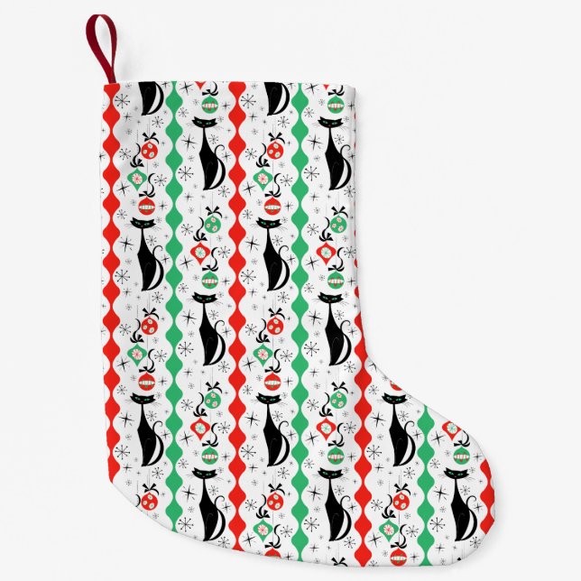 Retro Xmas Cat Stripe Multi 2-sided Small  Christmas Stocking (Front)