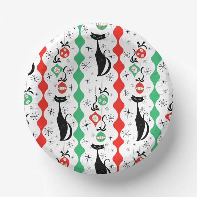 Retro Xmas Cat Stripe Multi round Paper Plate (Front)