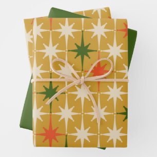 Retro Xmas Midcentury Modern Stars Ochre Olive Wrapping Paper Sheet