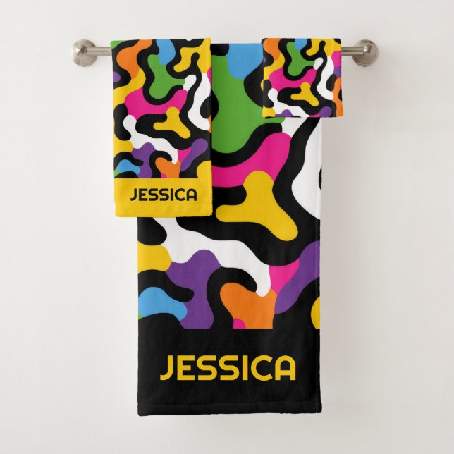 Retro y2k Aesthetic Abstract Swirls Colourful Name Bath Towel Set (Insitu)