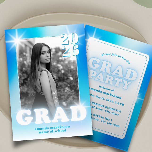 Retro Y2K Cyber Blue Neon Graduation Photo Party Invitation (Creator Uploaded)