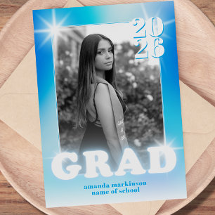 Retro Y2K Cyber Blue Neon Photo Graduation Announcement