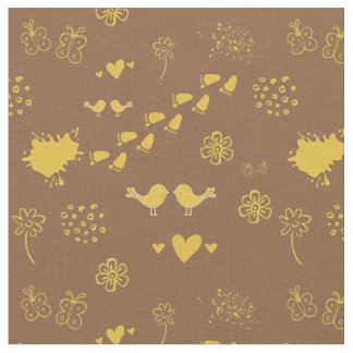 Retro yellow and brown pattern of birds, dot fabric