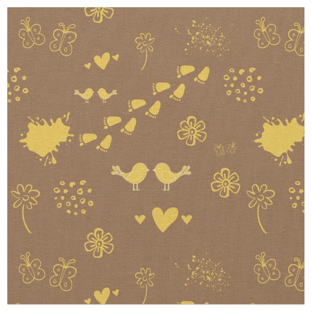 Retro yellow and brown pattern of birds, dot fabric (Close Up)