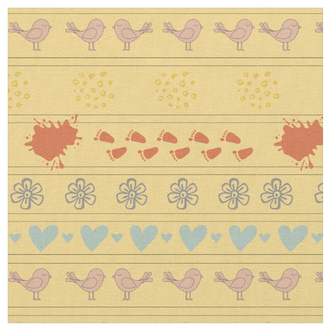 Retro yellow and colourful pattern of birds, fabric (Close Up)