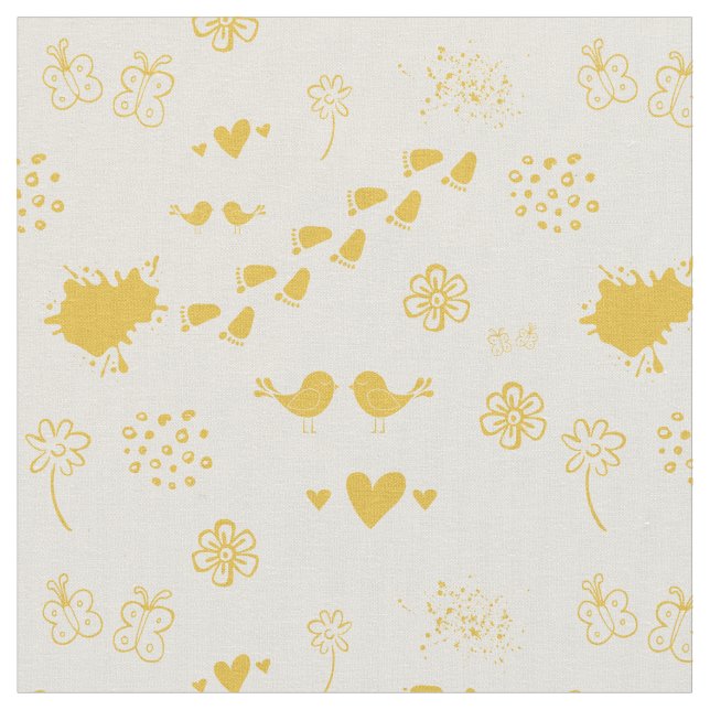 Retro yellow and cream pattern of birds, dots, fabric (Close Up)