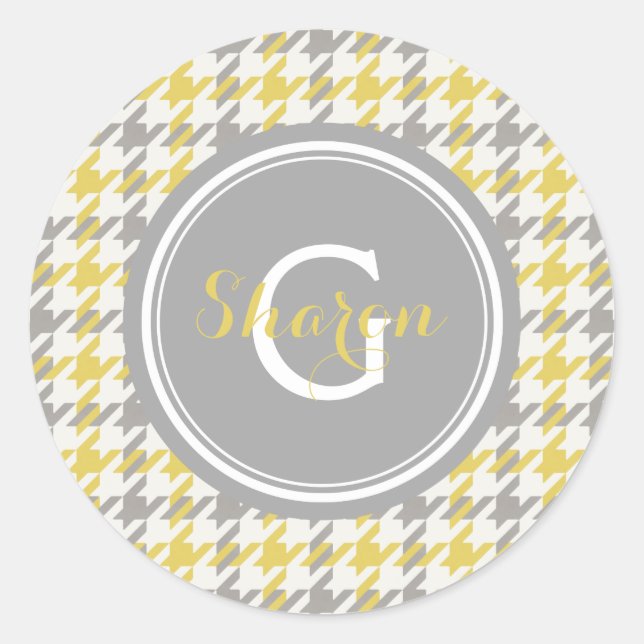 Retro yellow and grey houndstooth plaid pattern classic round sticker (Front)