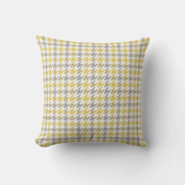 Retro yellow and grey houndstooth plaid pattern cushion (Front)