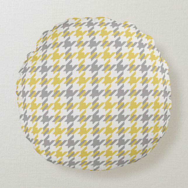 Retro yellow and grey houndstooth plaid pattern round cushion (Front)