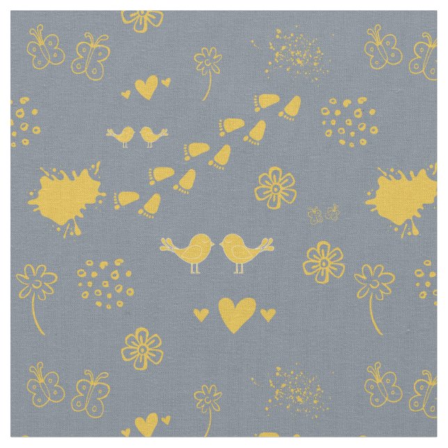 Retro yellow and grey pattern of birds, dots, foot fabric (Close Up)