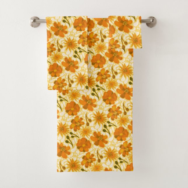 Retro Yellow and Orange Floral with 70s Vibes Bath Towel Set (Insitu)