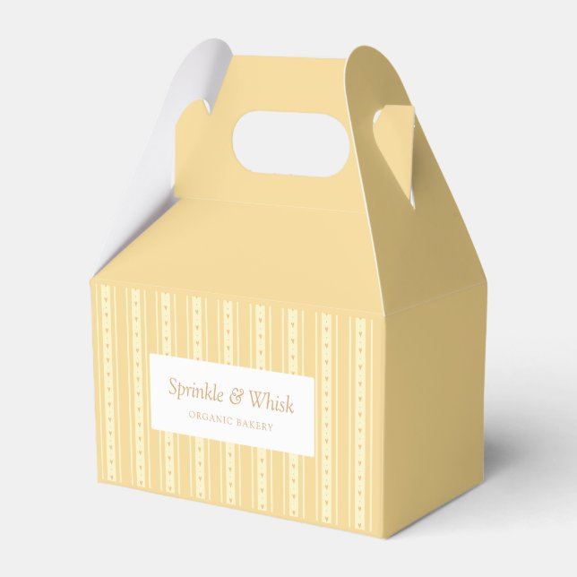 Retro Yellow And Orange Heart Stripes Bakery Favour Box (Front Side)