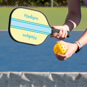 Retro Yellow and Sky Blue Striped - Monogrammed  Pickleball Paddle