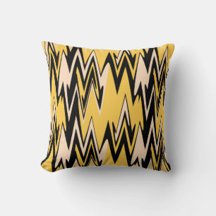 Retro Yellow, Black Zigzap Abstract Art Deco Cushion