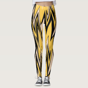 Retro Yellow, Black Zigzap Abstract Art Deco Leggings