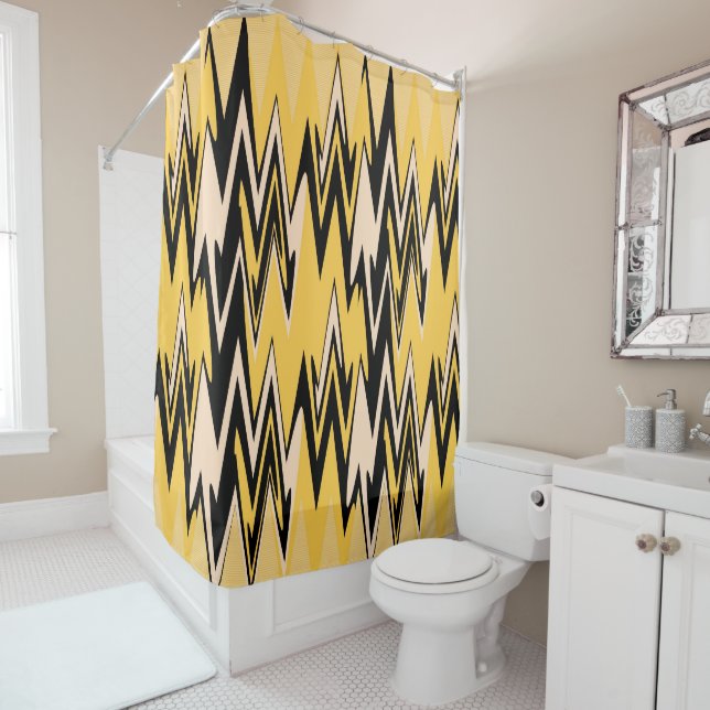 Retro Yellow, Black Zigzap Abstract Art Deco Shower Curtain (In Situ)