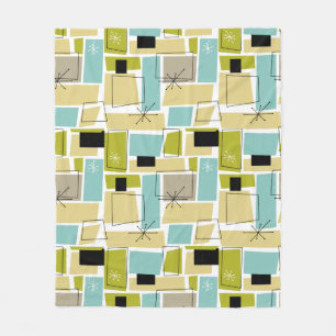Retro Yellow Blue Abstract Squares Mid Century Fleece Blanket