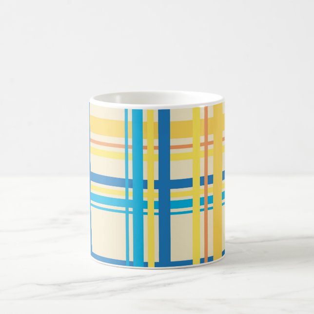 Retro Yellow, Blue, Brown Stripes Pattern Coffee Mug (Center)
