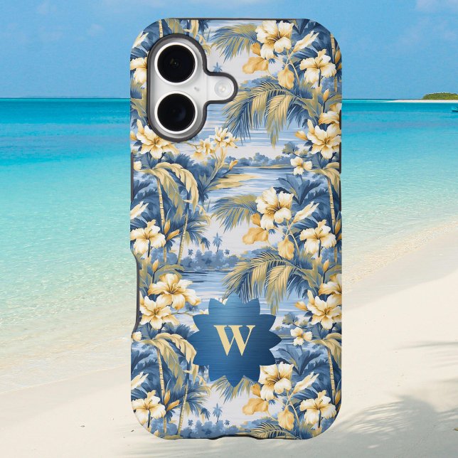 Retro Yellow Blue Floral n Tropical Palms Initial  (Creator Uploaded)
