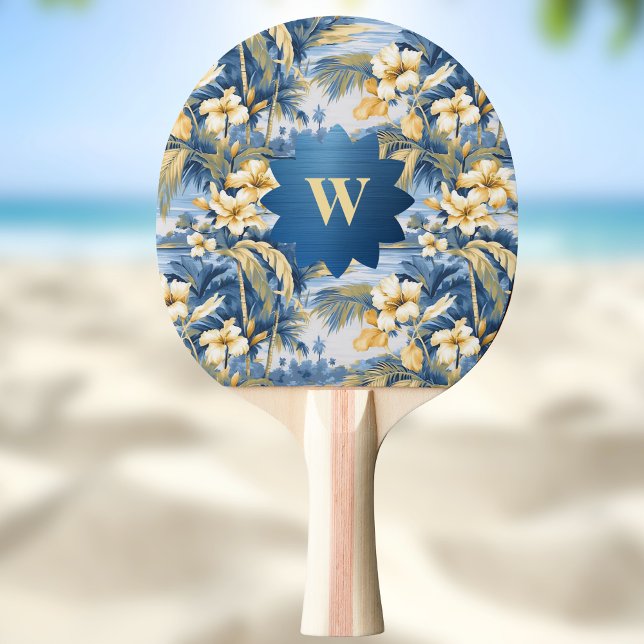 Retro Yellow Blue Floral n Tropical Palms Initial  Ping Pong Paddle (Creator Uploaded)