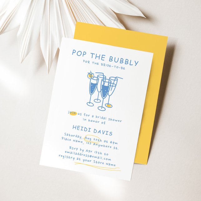 Retro Yellow & Blue Pop The Bubbly Bridal Shower Invitation (Retro Yellow & Blue Pop The Bubbly Bridal Shower Invitation)