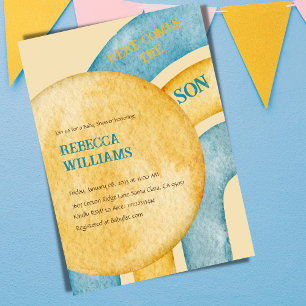 Retro Yellow Blue Rainbow Here Comes Baby Shower Invitation