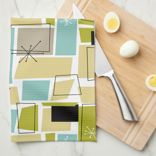 Retro Yellow Blue Squares Starburst Mid-century Tea Towel (Quarter Fold)